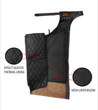 Load image into Gallery viewer, Distressed Brown  Leather Motorcycle Chaps w/ Zip-out Lining & Zipper Pocket