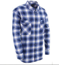 Load image into Gallery viewer, Blue, white, and Black plaid flannel button down long sleeve shirt with 2 chest pockets and concealed buttons for collar