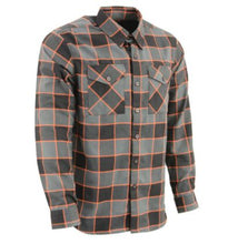 Load image into Gallery viewer, Orange, Gray, and Black plaid flannel button down long sleeve shirt with 2 chest pockets and concealed buttons for collar