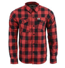 Load image into Gallery viewer, Red and Black plaid flannel button down long sleeve shirt with 2 chest pockets and concealed buttons for collar