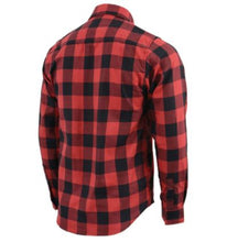 Load image into Gallery viewer, back view of Red and Black plaid flannel button down long sleeve shirt with 2 chest pockets and concealed buttons for collar