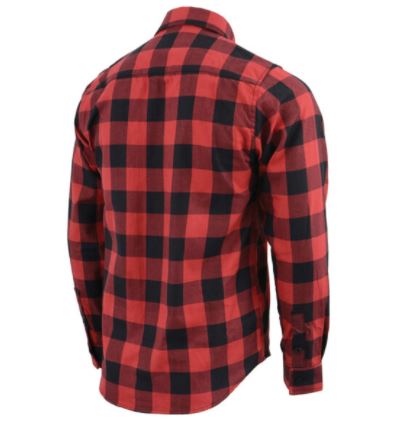 back view of Red and Black plaid flannel button down long sleeve shirt with 2 chest pockets and concealed buttons for collar 