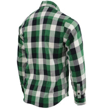 Load image into Gallery viewer, Back of Green, White, and Black plaid flannel button down long sleeve shirt with 2 chest pockets and concealed buttons for collar 
