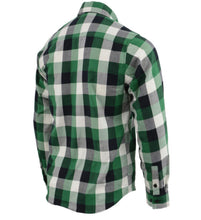 Load image into Gallery viewer, Back of Green, White, and Black plaid flannel button down long sleeve shirt with 2 chest pockets and concealed buttons for collar