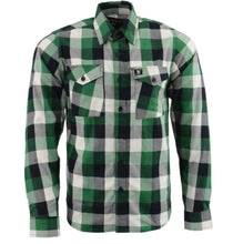 Load image into Gallery viewer, Green, White, and Black plaid flannel button down long sleeve shirt with 2 chest pockets and concealed buttons for collar