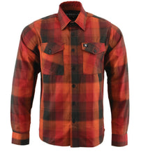 Load image into Gallery viewer, Orange, red, and black plaid flannel button down long sleeve shirt with 2 chest pockets and concealed buttons for collar