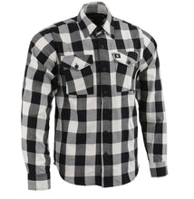 Load image into Gallery viewer, White and black plaid flannel button down long sleeve shirt with 2 chest pockets and concealed buttons for collar