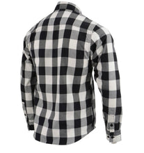 Load image into Gallery viewer, Back of White and black plaid flannel button down long sleeve shirt with 2 chest pockets and concealed buttons for collar