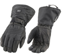Load image into Gallery viewer, pair of black textile gloves with itouch for phones. zipper pouch in front for battery pack. waterproof with heated element that runs throughout the hand and off switch on front of glove