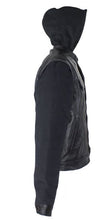 Load image into Gallery viewer, Black Leather Jacket with Removable Canvas Sleeves &amp; Hoodie
