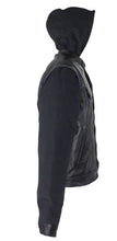Load image into Gallery viewer, Black Leather Jacket with Removable Canvas Sleeves & Hoodie
