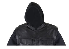 Load image into Gallery viewer, Black Leather Jacket with Removable Canvas Sleeves & Hoodie
