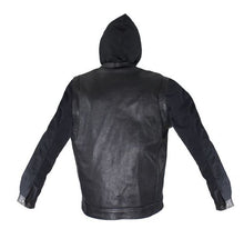 Load image into Gallery viewer, Black Leather Jacket with Removable Canvas Sleeves & Hoodie