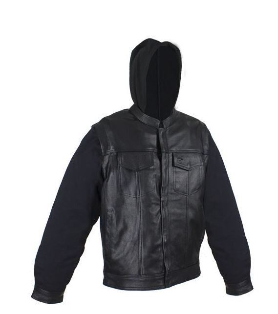 Black Leather Jacket with Removable Canvas Sleeves & Hoodie
