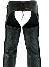 Load image into Gallery viewer, Distressed Brown  Leather Motorcycle Chaps w/ Zip-out Lining &amp; Zipper Pocket
