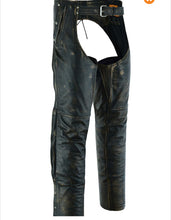 Load image into Gallery viewer, Distressed Brown  Leather Motorcycle Chaps w/ Zip-out Lining &amp; Zipper Pocket
