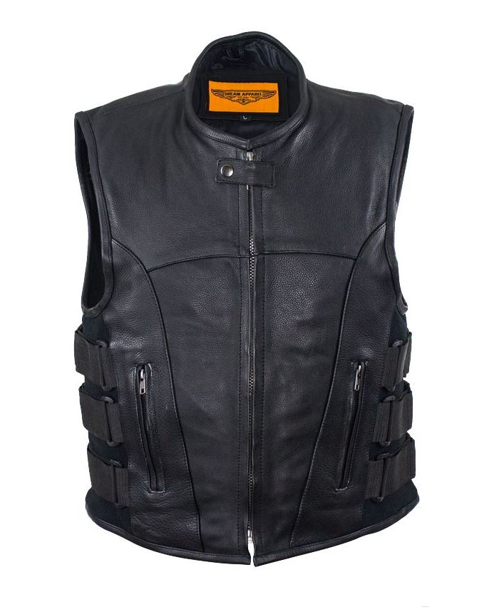 Men Tactical Cowhide Leather Vest with 3 Adjustable Straps
