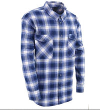 Load image into Gallery viewer, Blue, white, and Black plaid flannel button down long sleeve shirt with 2 chest pockets and concealed buttons for collar 

