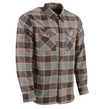 Load image into Gallery viewer, Orange, Gray, and Black plaid flannel button down long sleeve shirt with 2 chest pockets and concealed buttons for collar 
