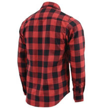 Load image into Gallery viewer, back view of Red and Black plaid flannel button down long sleeve shirt with 2 chest pockets and concealed buttons for collar 

