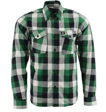 Load image into Gallery viewer, Green, White, and Black plaid flannel button down long sleeve shirt with 2 chest pockets and concealed buttons for collar 
