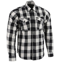 Load image into Gallery viewer, White and black plaid flannel button down long sleeve shirt with 2 chest pockets and concealed buttons for collar 

