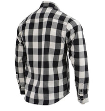 Load image into Gallery viewer, Back of White and black plaid flannel button down long sleeve shirt with 2 chest pockets and concealed buttons for collar 
