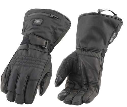 pair of black textile gloves with itouch for phones. zipper pouch in front for battery pack. waterproof with heated element that runs throughout the hand and off switch on front of glove