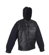 Load image into Gallery viewer, Black Leather Jacket with Removable Canvas Sleeves &amp; Hoodie
