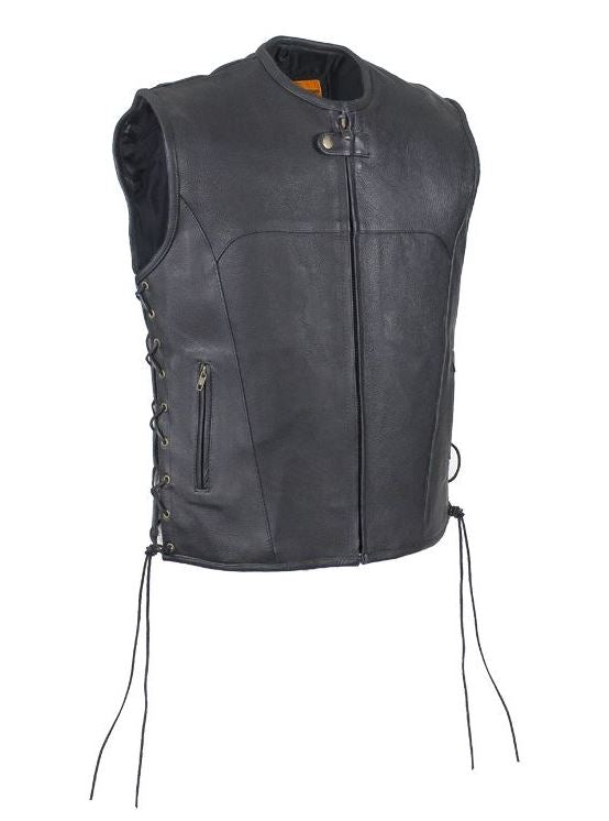 Mens Leather Motorcycle Club Vest With No Collar